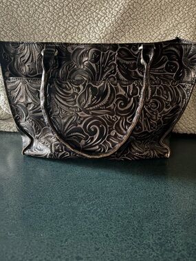 Patricia Nash Embossed Floral Tote Bag in Dark Brown